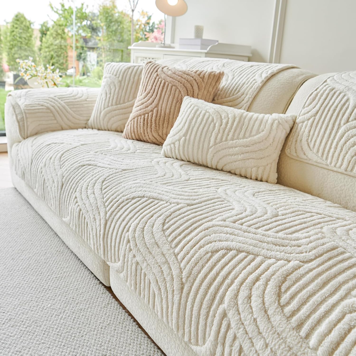 Tianxinbaobei Non Slip Waterproof Sofa Cover 2 Seater White Faux Fur Plush Couch Cover
