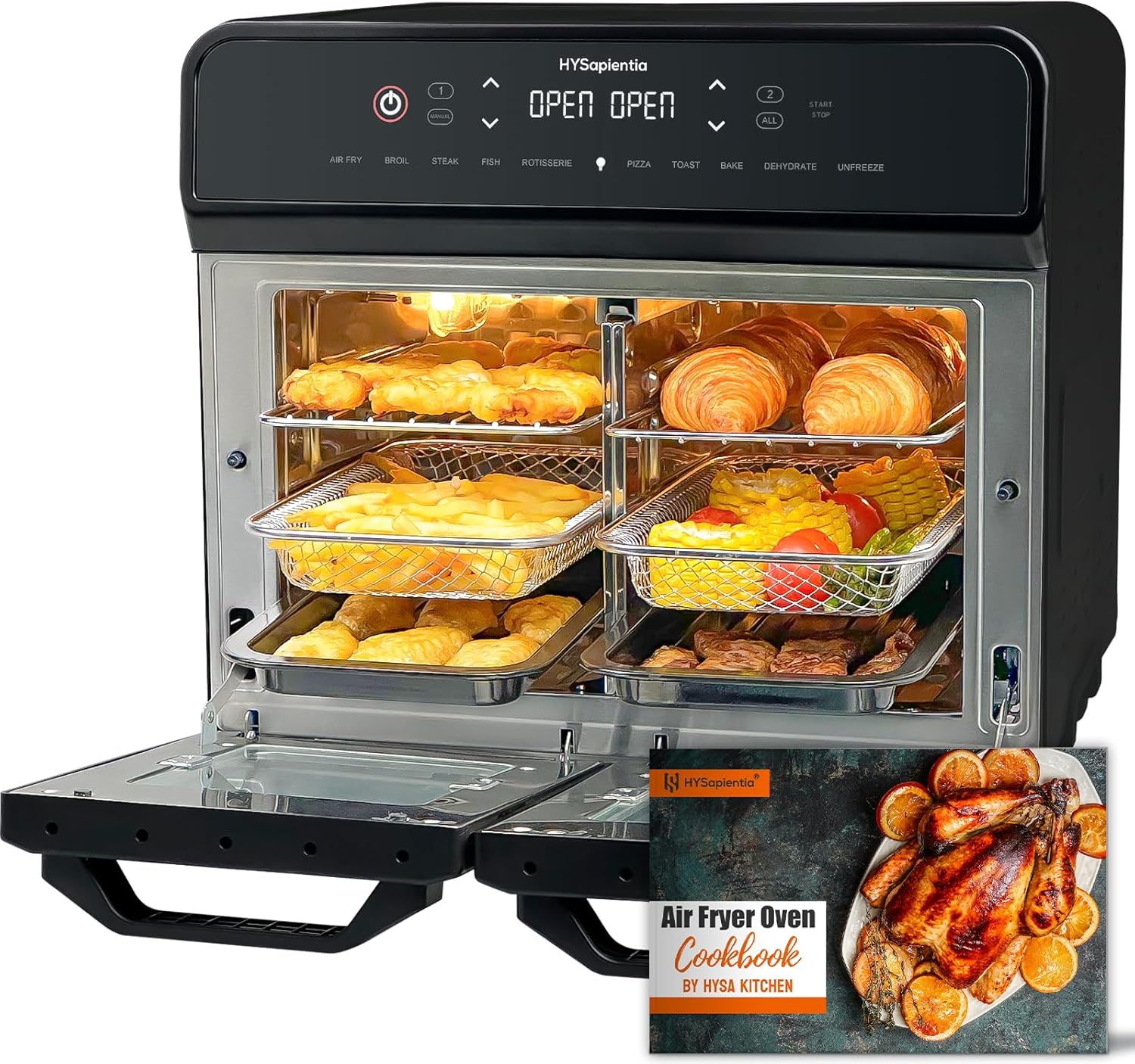 Hysapientia 22L Dual Zone Air Fryer Oven With Rotisserie And Digital Controls