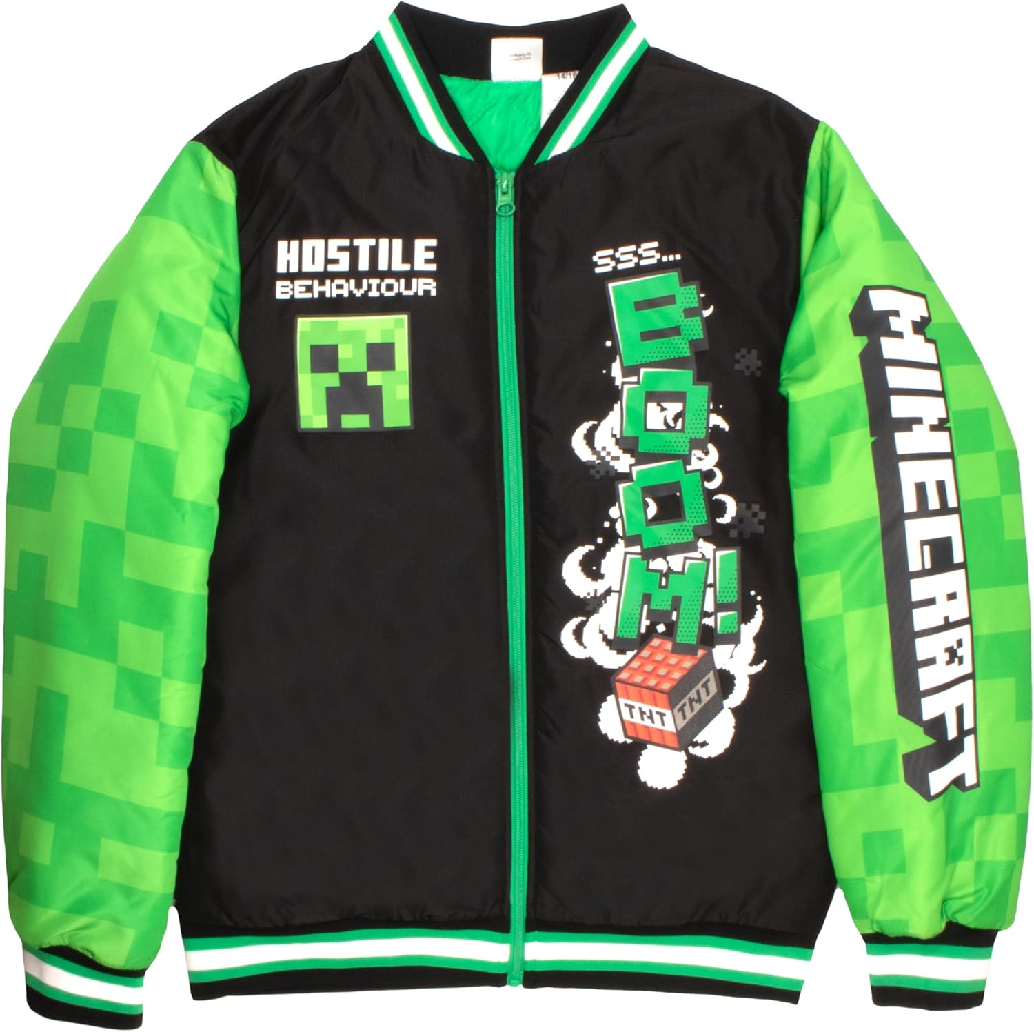 Minecraft Bomber Jacket For Boys - Neon Green & Black, Officially Licensed Design, Size 8