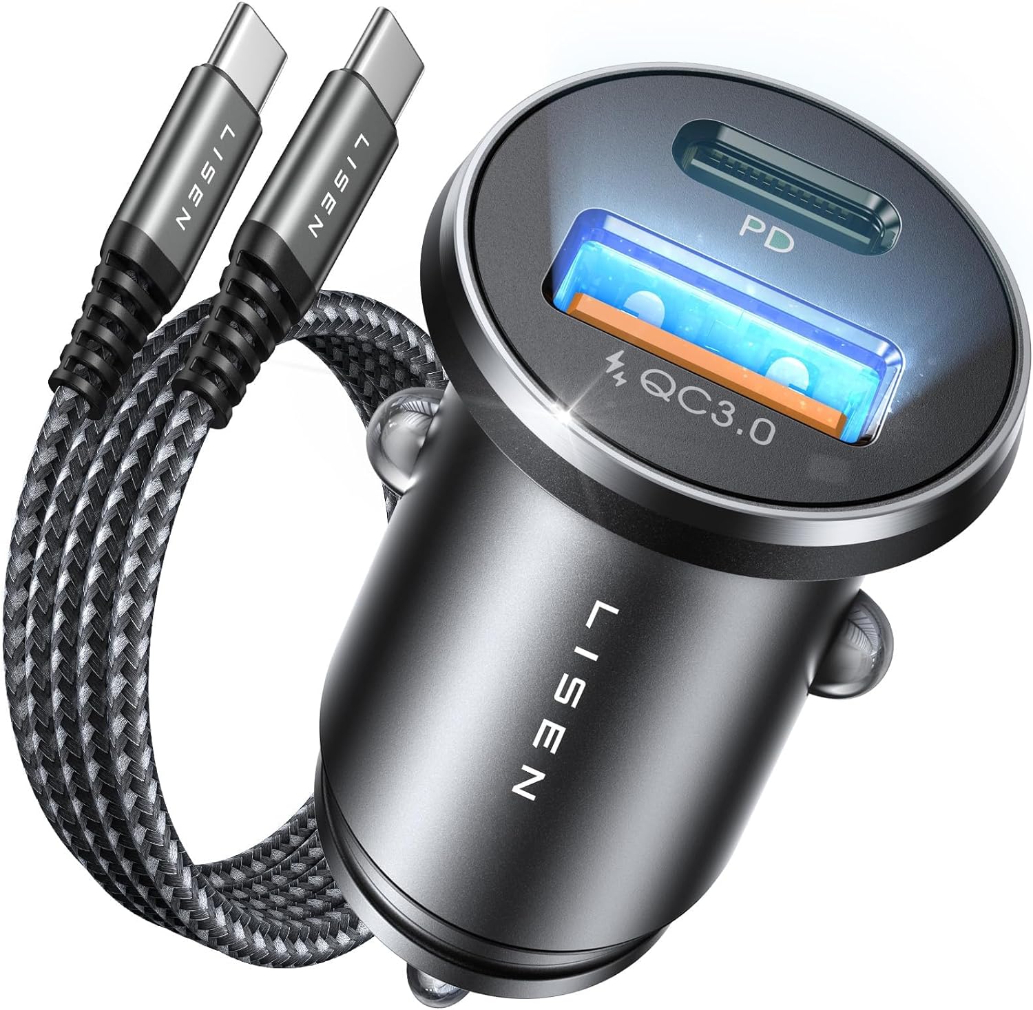 Lisen 54W Dual Usb Car Charger Adapter With 60W Type C Cable, Fast Charging For Iphone And Android Devices