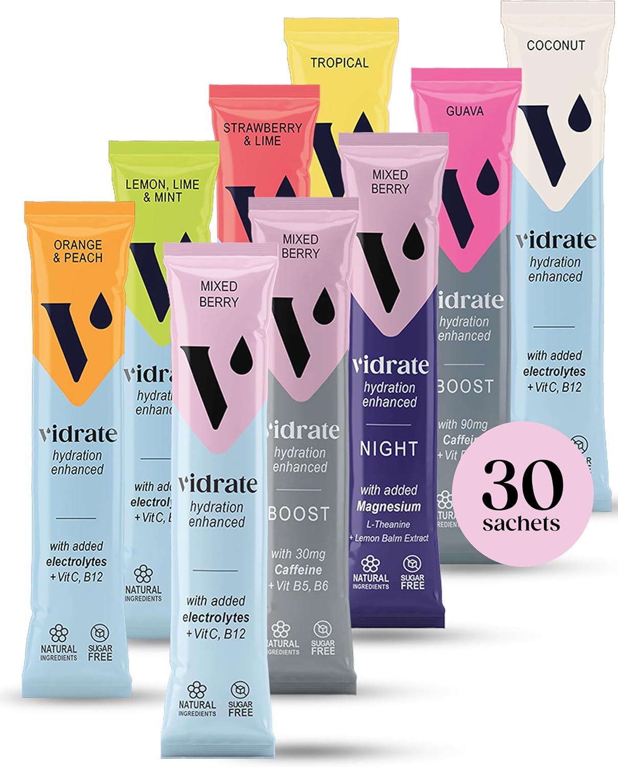 ViDrate Electrolytes Powder - Mixed Berry Hydration Sachets with Vitamins (30 Pack)