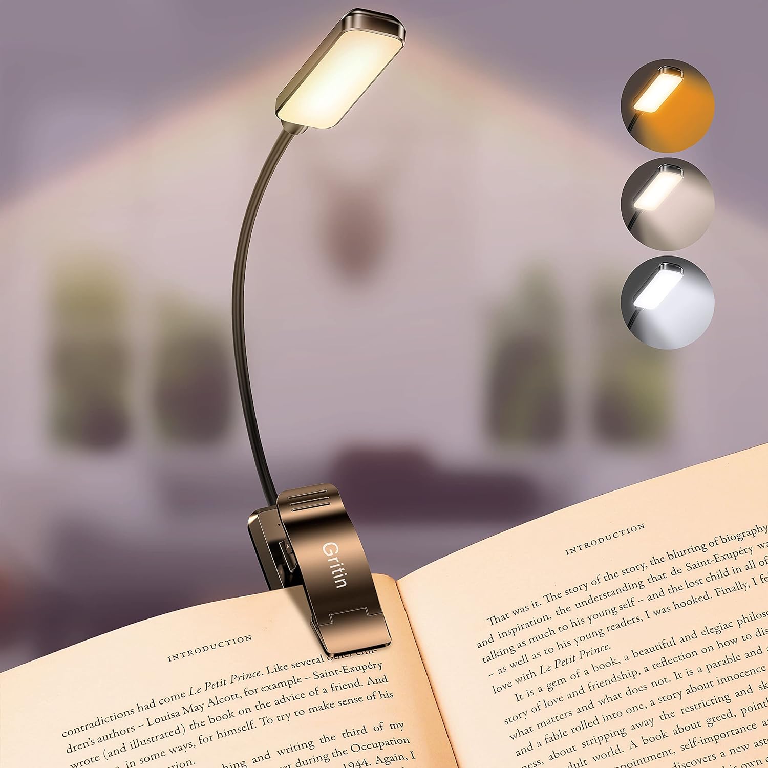 Gritin 9 Led Clip On Book Light, Rechargeable Reading Lamp With 3 Eye-Protecting Modes