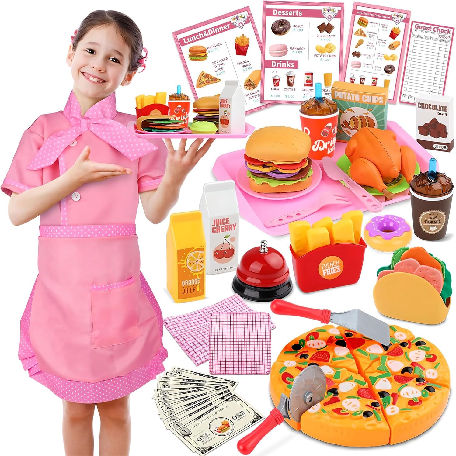 Magic4U Restaurant Playset For Kids - 60 Piece Diner Play Set With Waitress Costume & Play Food