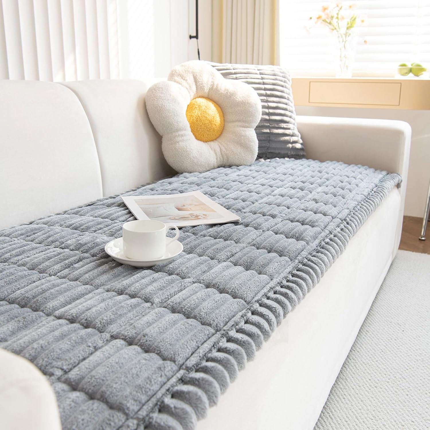 Showylive Corduroy Sofa Covers - Light Grey, 1-4 Seater Non Slip Sofa Slipcovers