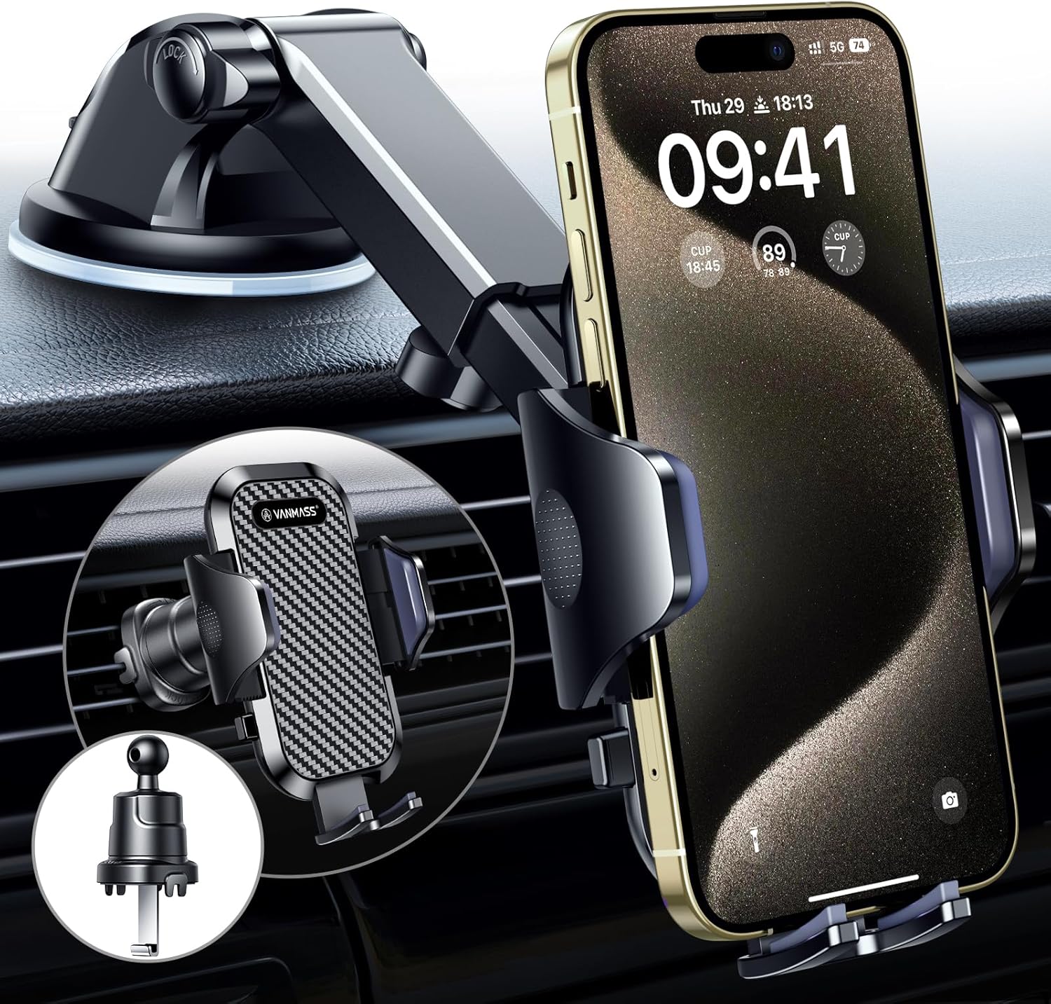 Vanmass 2025 Ultimate Car Phone Holder Mount With Upgraded Suction & Clip For Dashboard, Windscreen And Vent