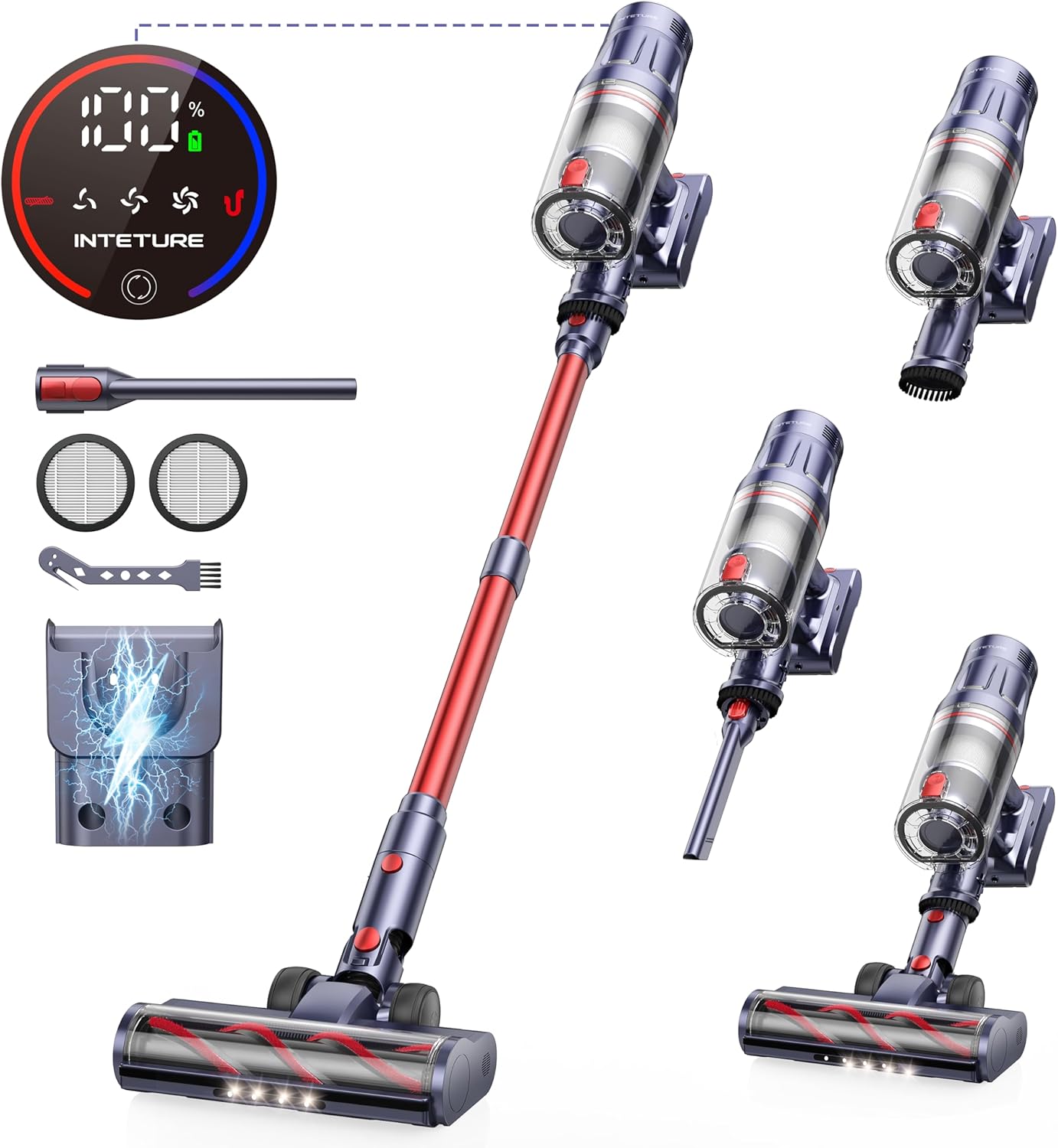 INTETURE Cordless Vacuum Cleaner 600W with Wall Mount Charging & Touch Screen Display