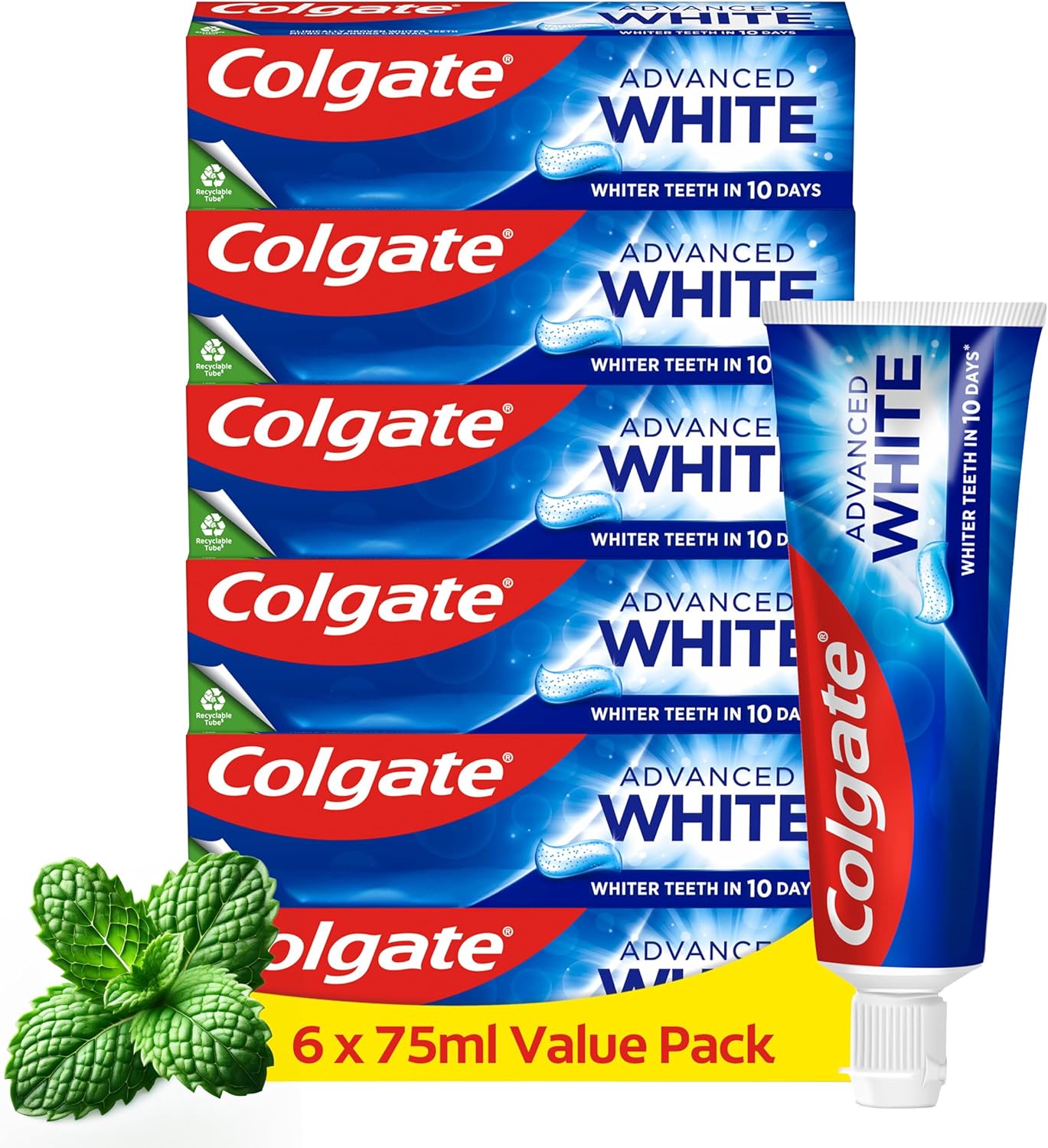 Colgate Advanced White Toothpaste 6 Pack, 75Ml Each, Whitening Formula With Micro-Cleansing Crystals