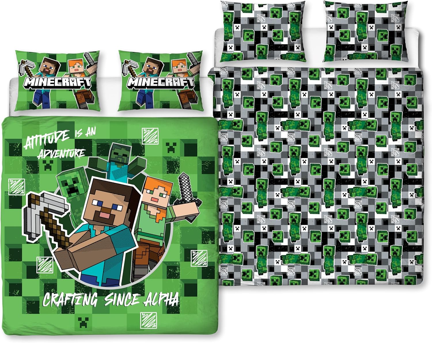Minecraft Official Double Duvet Cover Set By Character World - Block Check Gaming Design Reversible Bedding