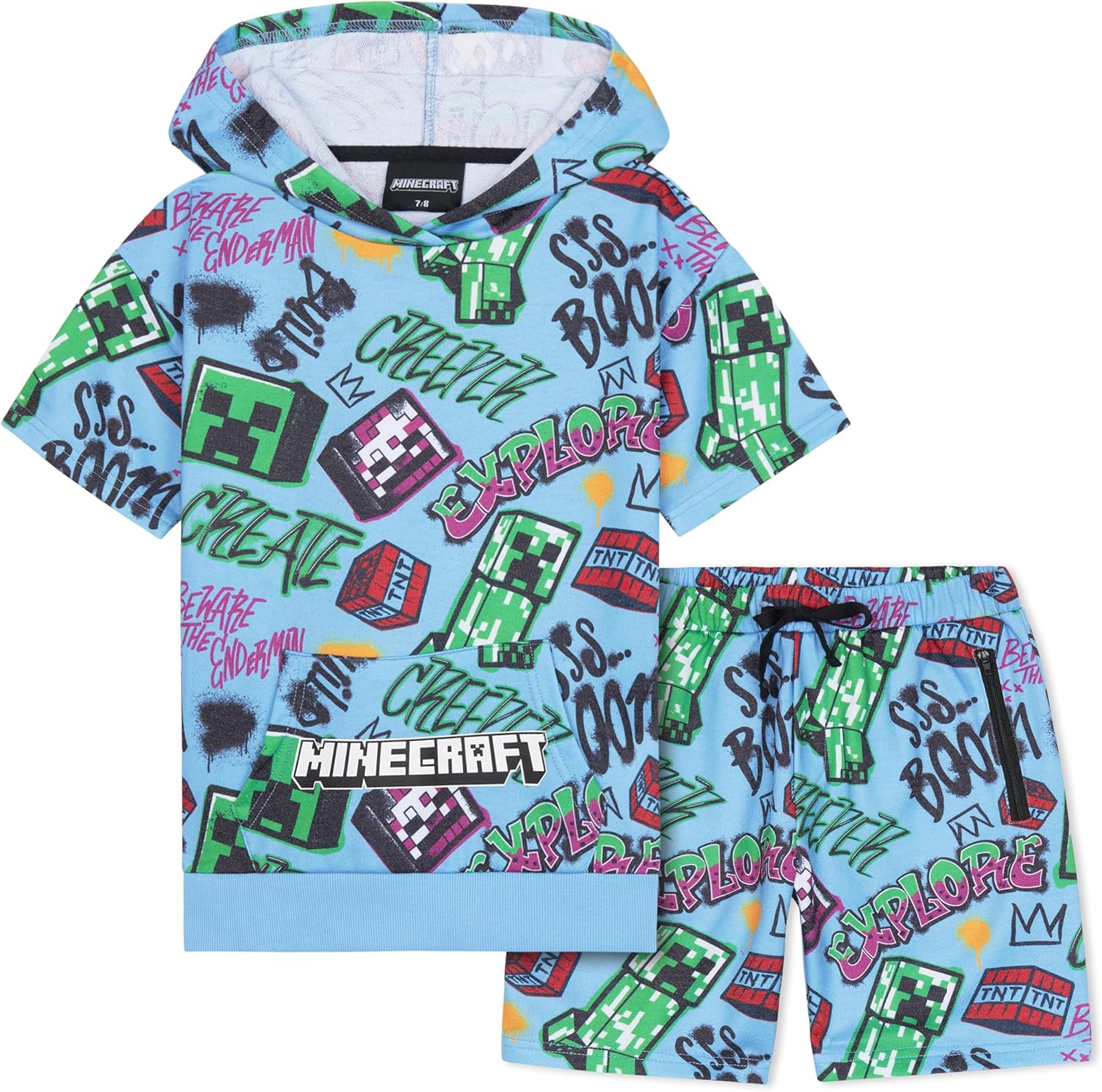 Minecraft Creeper Hoodie Shorts Tracksuit Set For Boys