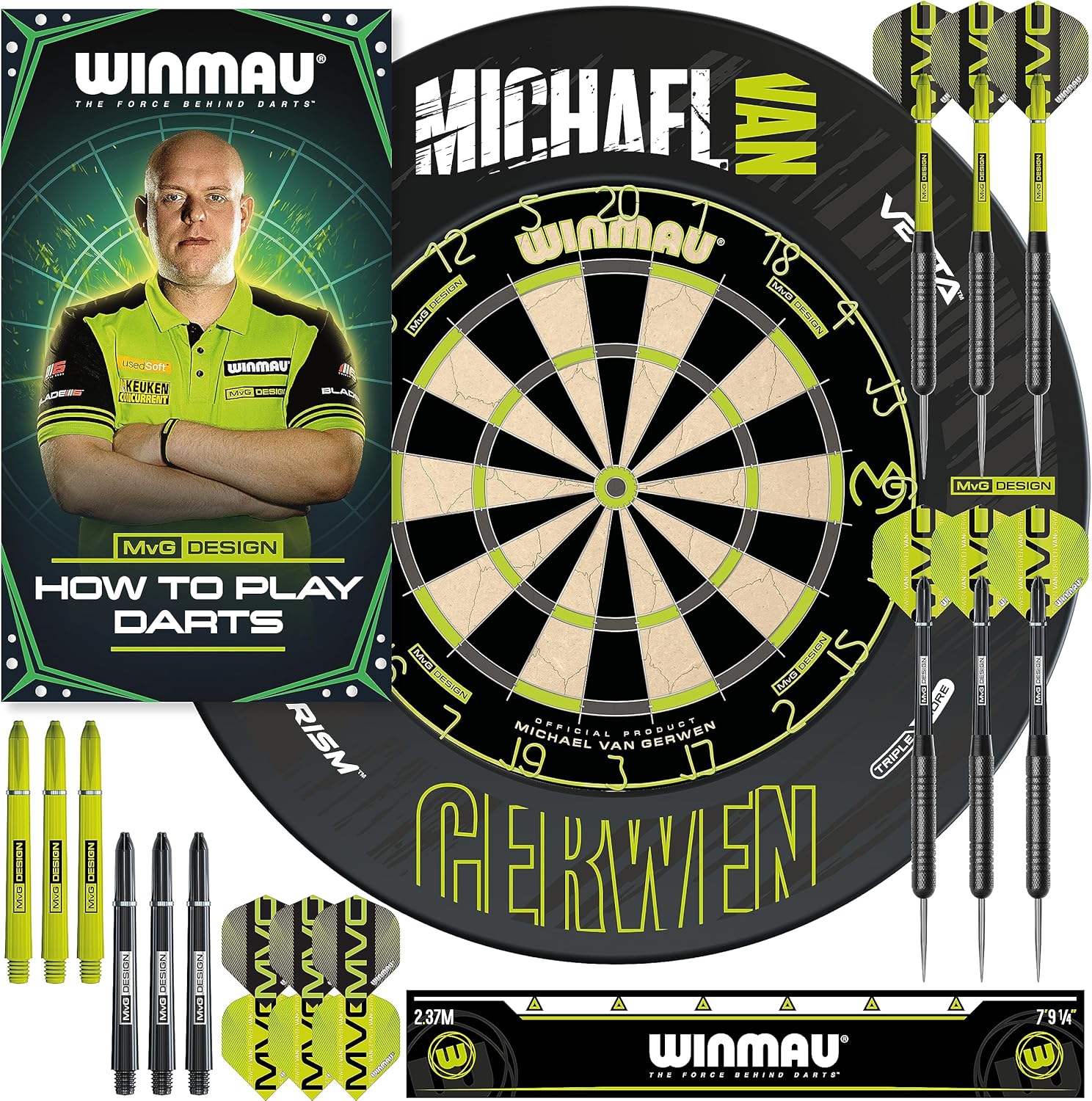Winmau Michael Van Gerwen Mvg Dart Set With Bristle Board And Accessories