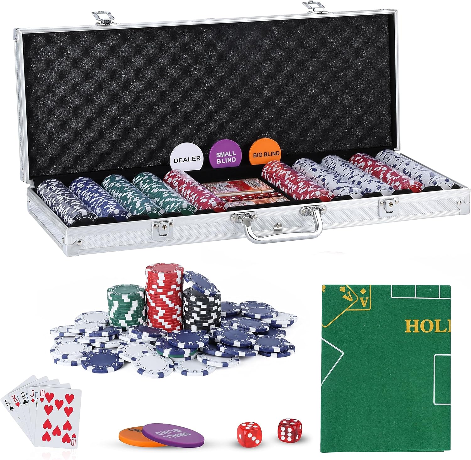 Jungle Stone Texas Holdem Poker Set, 500 Piece Set With Aluminium Case