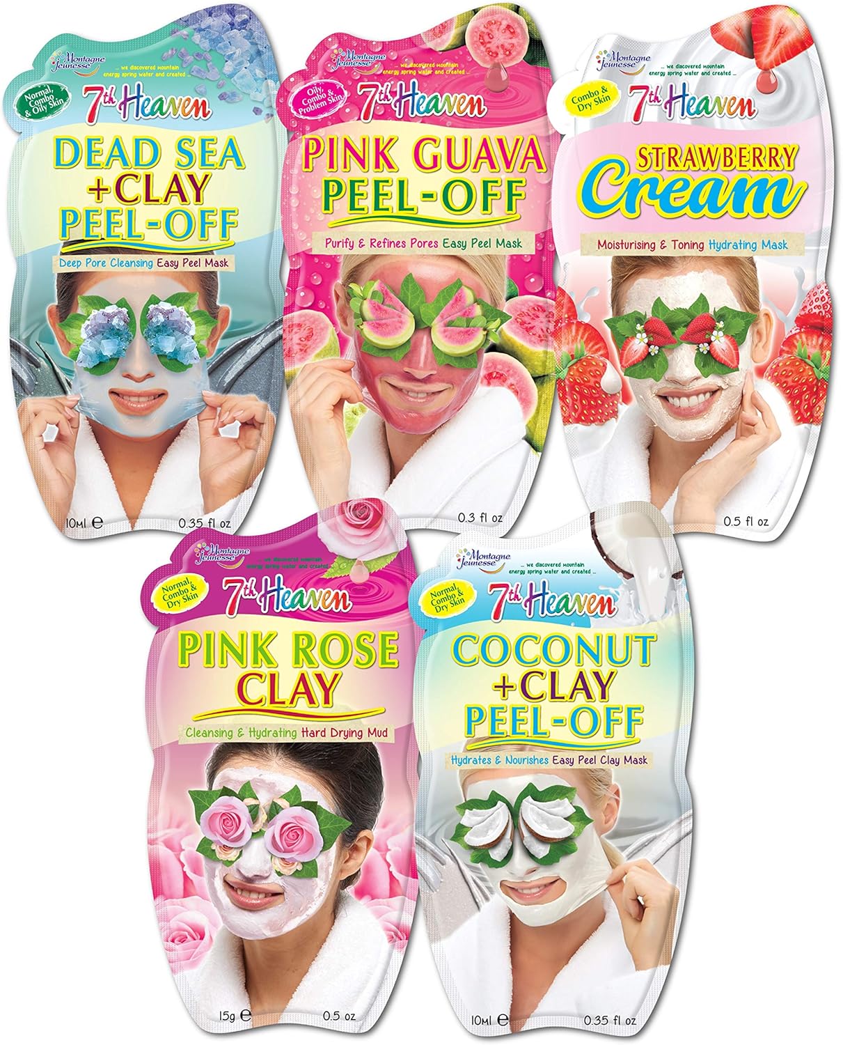 7Th Heaven Variety Pack Of 5 Face Masks - Clay, Cream & Peel-Off Skincare Set For All Skin Types